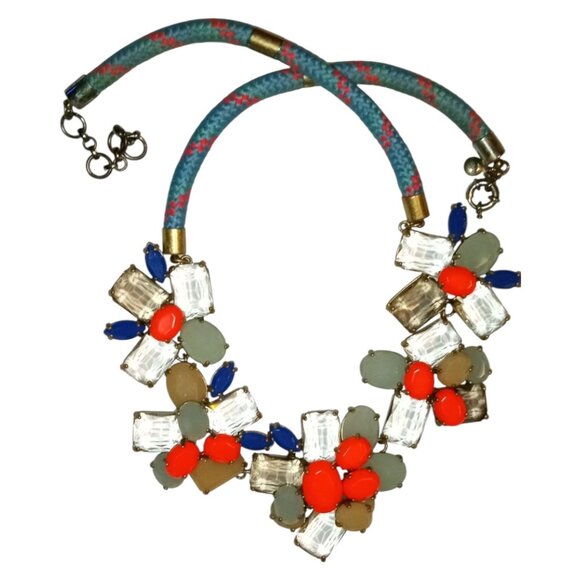 J. CREW Signed Vintage Chunky Blue Orange Rhinestone Floral Necklace Gold Tone - Picture 2 of 16